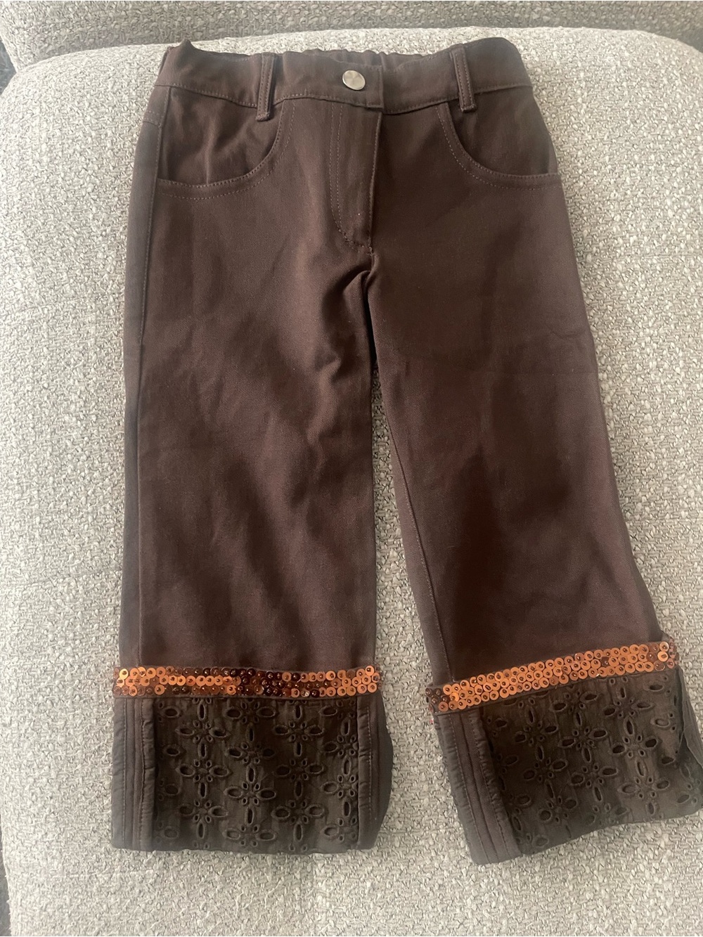 Girls Brown Cuffed Pants with Eyelet & Sequin Trim